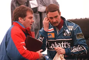 NIGEL MANSELL TALKING WITH PATRICK HEAD, RACING CAR ENGINEER NIGEL MANSELL TALKING WITH PATRICK HEAD, RACING CAR ENGINEER
