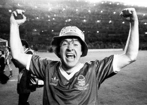 Nottingham Forest goalscorer John Robertson celebrates after his side' Nottingham Forest goalscorer John Robertson celebrates after his side'