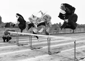 The Nun's Olympics. Left to Right Spike Milligan, David Cannon, Barbara Bremel The Nun's Olympics. Left to Right Spike Milligan, David Cannon, Barbara Bremel