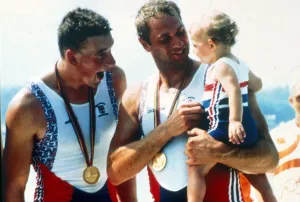Oarsman Steve Redgrave with his daughter Natalie and Mathew Pinsent after winning Oarsman Steve Redgrave with his daughter Natalie and Mathew Pinsent after winning