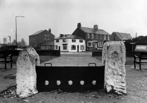The old stocks in Cronton, Knowsley, Merseyside. December 1971 The old stocks in Cronton, Knowsley, Merseyside. December 1971