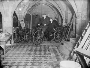Original Caption: Cavalcade of Bicycles. Twelve old bicycles in the St Mary' Original Caption: Cavalcade of Bicycles. Twelve old bicycles in the St Mary'