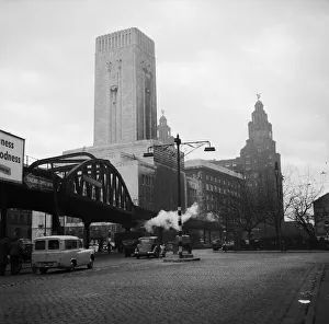 The Overhead Railway Bridge in Liverpool 1955 on the approach to the Liver Building The Overhead Railway Bridge in Liverpool 1955 on the approach to the Liver Building