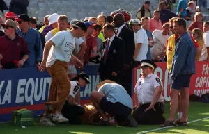 Pantomime cow after being tackled at Headingley July 1997 Medical Staff treat Brancha Pantomime cow after being tackled at Headingley July 1997 Medical Staff treat Brancha