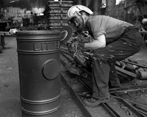 Parkfield Foundries in Stockton on Tees. Foundry worker Roy Moore with a litter bin for Parkfield Foundries in Stockton on Tees. Foundry worker Roy Moore with a litter bin for