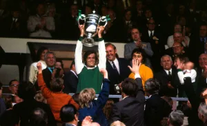 Pat Stanton Hibs Hibernian football player August 1972 Holds aloft Drubrougn Pat Stanton Hibs Hibernian football player August 1972 Holds aloft Drubrougn