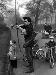 Patrick Troughton actor dressed as Robin Hood March 1953 in Battersea Park in Patrick Troughton actor dressed as Robin Hood March 1953 in Battersea Park in