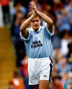Paul Gascoigne of Italian club Lazio acknowledges the applause of the fans aduring Paul Gascoigne of Italian club Lazio acknowledges the applause of the fans aduring