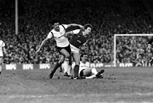 Paul McGrath of Manchester United challenges Tony Woodcock of Arsenal during the clash at Paul McGrath of Manchester United challenges Tony Woodcock of Arsenal during the clash at