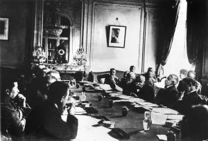 Peace talks between the Big Four fat the end of Wold War One. Circa January 1919 Peace talks between the Big Four fat the end of Wold War One. Circa January 1919