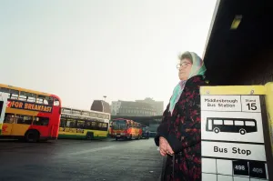 Pensioner, Mary Foster, waits for a bus, Middlesbrough Bus Station, 19th February 1994 Pensioner, Mary Foster, waits for a bus, Middlesbrough Bus Station, 19th February 1994