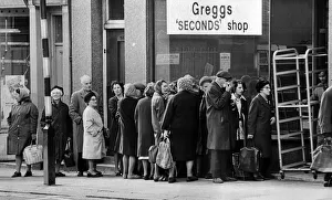 Pensioners queue outside Greggs Seconds Shop, Westgate Road,12th July 1974 Pensioners queue outside Greggs Seconds Shop, Westgate Road,12th July 1974