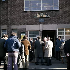 Images Dated 1st May 1973: People gathered outside the entrance to Norwich City football club at Carrow Road