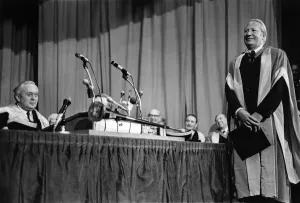 People. Harold Wilson Confers degree on Edward Heath at Braford University People. Harold Wilson Confers degree on Edward Heath at Braford University