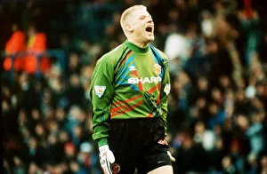 Peter Schmeichel football Manchester United and Denmark goalkeeper shouting at his Peter Schmeichel football Manchester United and Denmark goalkeeper shouting at his