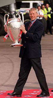 Peter Schmeichel holding the European Cup May 1999 at Manchester Airport as Peter Schmeichel holding the European Cup May 1999 at Manchester Airport as