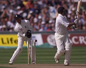 Phil Tufnell bowls McMillan in the England v New Zealand cricket match Phil Tufnell bowls McMillan in the England v New Zealand cricket match