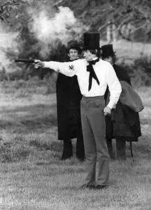 Pistols at dawn: Mr. John Barnard and Dr. Michael Carson faced each other in the crisp Pistols at dawn: Mr. John Barnard and Dr. Michael Carson faced each other in the crisp