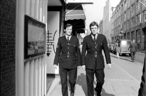 Policemen Ray Fullalove and Sgt. James Findlay on patrol. February 1975 75-01072 Policemen Ray Fullalove and Sgt. James Findlay on patrol. February 1975 75-01072