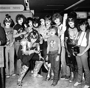The Pop Group Kiss pose with their fans in full make at Heathrow Airport. September 1980 The Pop Group Kiss pose with their fans in full make at Heathrow Airport. September 1980