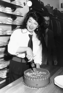 Pop singer Kate Bush cuts her 30th birthday cake at Blazers Boutique where she was Pop singer Kate Bush cuts her 30th birthday cake at Blazers Boutique where she was