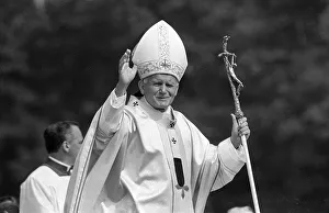 Pope John Paul II waves to the welcoming crowd at Cardiff airport, 2nd June 1982 Pope John Paul II waves to the welcoming crowd at Cardiff airport, 2nd June 1982