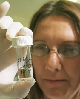 Porton Down September 1999 Scientist holding Vial of Plague Vaccine in Building 422 - Porton Down September 1999 Scientist holding Vial of Plague Vaccine in Building 422 -