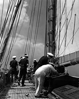 Preparing to set the staysail. May 1948 P009230 Preparing to set the staysail. May 1948 P009230