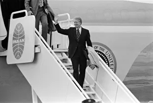 President Jimmy Carter arrives at Heathrow Airport on Air Force One. 5th May 1977 President Jimmy Carter arrives at Heathrow Airport on Air Force One. 5th May 1977