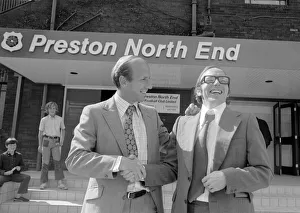 Preston North End manager Bobby Charlton with his new signing Preston North End manager Bobby Charlton with his new signing