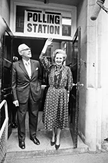 Images Dated 9th June 1983: Prime Minister Margaret Thatcher and husband Dennis seen here leaving the polling station