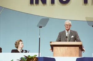 Prime Minister Margaret Thatcher listens to Douglas Hurd at the Conservative Party Prime Minister Margaret Thatcher listens to Douglas Hurd at the Conservative Party