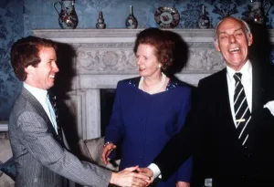 Prime Minister Margaret Thatcher meets Colin Moynihan MP Sports Minister at a Downing Prime Minister Margaret Thatcher meets Colin Moynihan MP Sports Minister at a Downing
