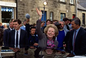 Prime Minister Margaret Thatcher waves to crowds outside Houstons the bakers during a Prime Minister Margaret Thatcher waves to crowds outside Houstons the bakers during a