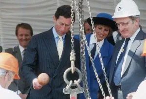 Prince Charles with block and tackle as Princess Diana looks on at the Glasgow Garden Prince Charles with block and tackle as Princess Diana looks on at the Glasgow Garden