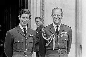 Images Dated 1st September 1971: Prince Charles and his father Prince Philip wearing RAF uniform at the passing out parade