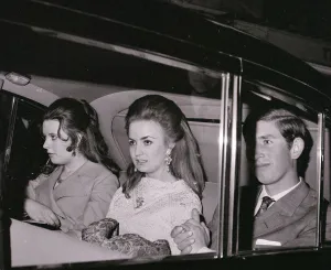 Prince Charles with Lucia Santa Cruz (centre) in car on theie way to the Fortune Theatre Prince Charles with Lucia Santa Cruz (centre) in car on theie way to the Fortune Theatre