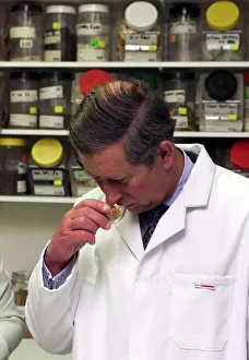 Prince Charles makes Herbal Medicine at University of Westminster. Wearing lab coat Prince Charles makes Herbal Medicine at University of Westminster. Wearing lab coat