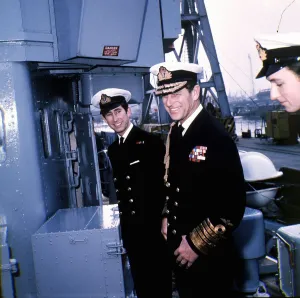 Prince Charles and Prince Philip wearing naval uniform aboard HMS Bonnington Prince Charles and Prince Philip wearing naval uniform aboard HMS Bonnington