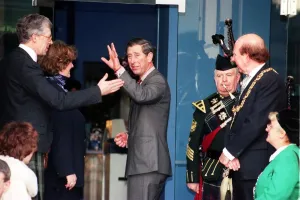 Prince Charles Prince of Wales January 1998 arrives at the Piping Centre Glasgow Waving Prince Charles Prince of Wales January 1998 arrives at the Piping Centre Glasgow Waving