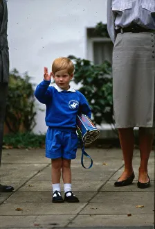 Prince Harry September 1987 waving to the camera on his first day at school blue Prince Harry September 1987 waving to the camera on his first day at school blue