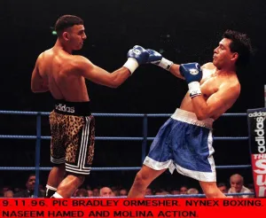 Prince Naseem Hamed Boxer punches Remigio Molina Boxer during their WBO Featherweight Prince Naseem Hamed Boxer punches Remigio Molina Boxer during their WBO Featherweight