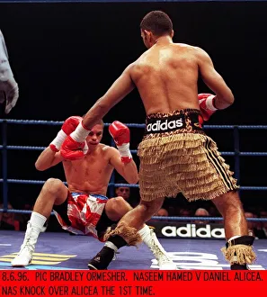 Prince Naseem Hamed boxer and WBO featherweight champion knocks over Daniel Alicea of Prince Naseem Hamed boxer and WBO featherweight champion knocks over Daniel Alicea of