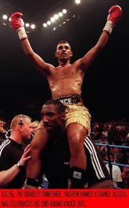 Prince Naseem Hamed boxer and WBO featherweight champion celebrates his 2nd round knock Prince Naseem Hamed boxer and WBO featherweight champion celebrates his 2nd round knock