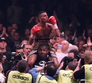 Prince Naseem Hamed Boxing celebrating at the London Docklands Arena this evening Prince Naseem Hamed Boxing celebrating at the London Docklands Arena this evening