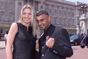Prince Naseem Hamed with wife Eleasha May 1999 outside Buckingham Palace after Prince Naseem Hamed with wife Eleasha May 1999 outside Buckingham Palace after