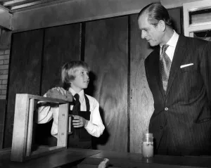 Prince Philip, Duke of Edinburgh talks to Timothy McCann during his tour of the art Prince Philip, Duke of Edinburgh talks to Timothy McCann during his tour of the art