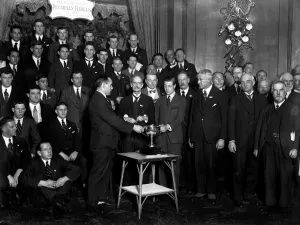 Prince of Wales presents cup to Cliff Porter, captain of The Invincibles Prince of Wales presents cup to Cliff Porter, captain of The Invincibles