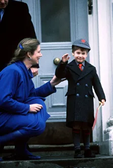 Prince William being met on his first day of school by headmistress Miss Prince William being met on his first day of school by headmistress Miss