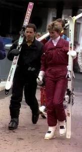 Princess Diana and Lord Linley holding their skis on a skiing holiday in Lech, Austria Princess Diana and Lord Linley holding their skis on a skiing holiday in Lech, Austria